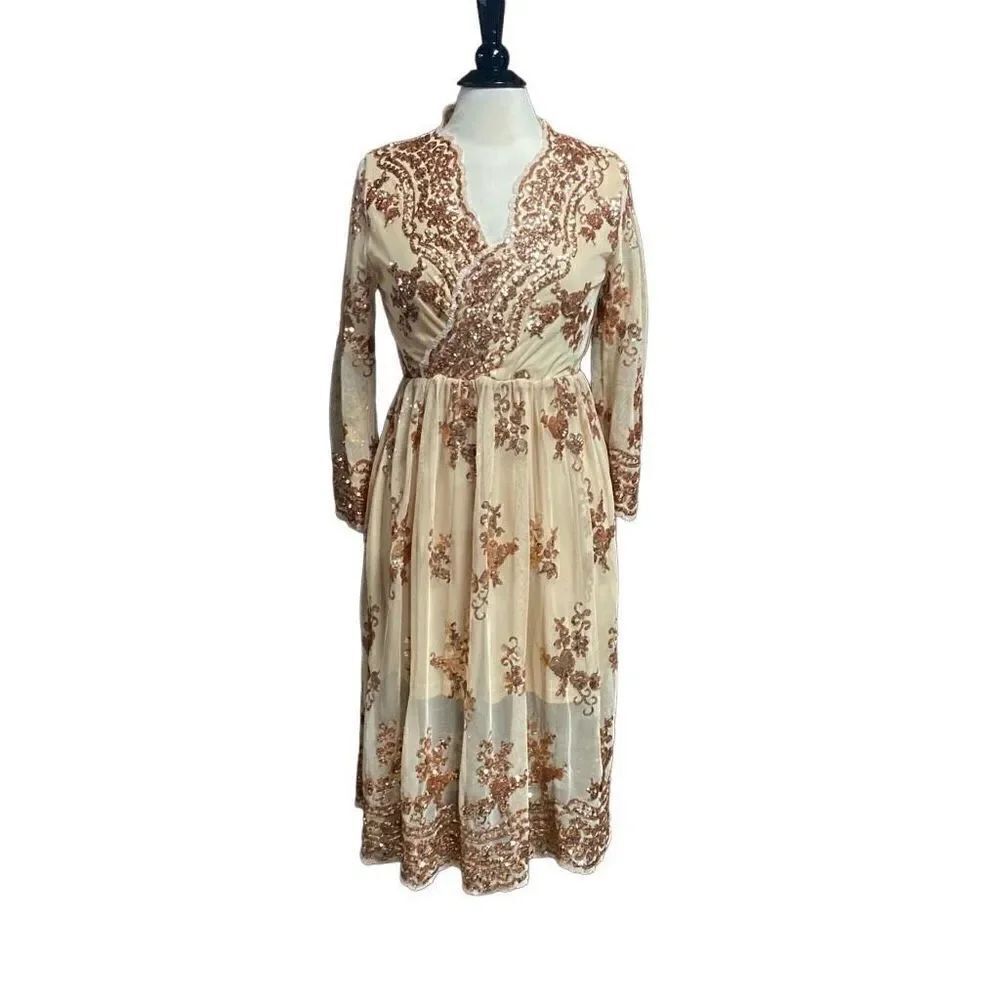 Tan & Bronze Sequin V-Neck Full Skirt Dress Size Medium NEW